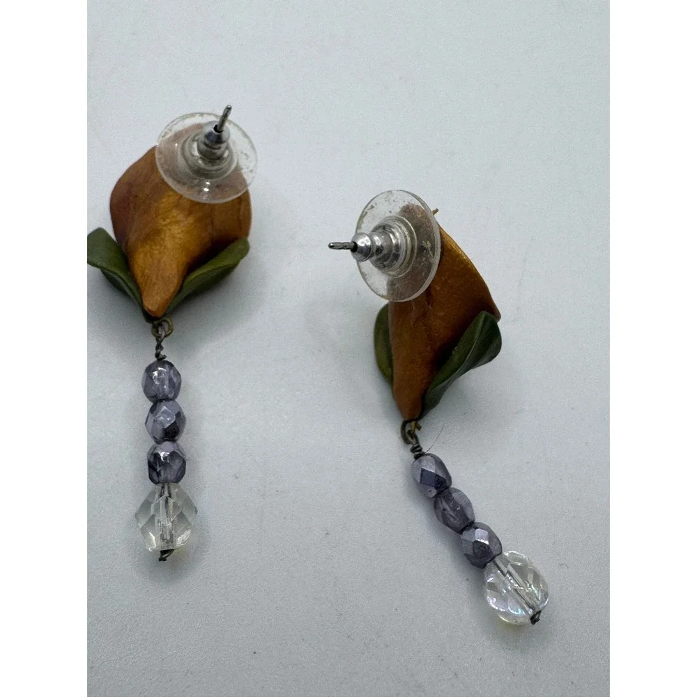 Handcrafted Calla Lily Floral Brooch and Drop Earrings Jewelry Set Purple Gold